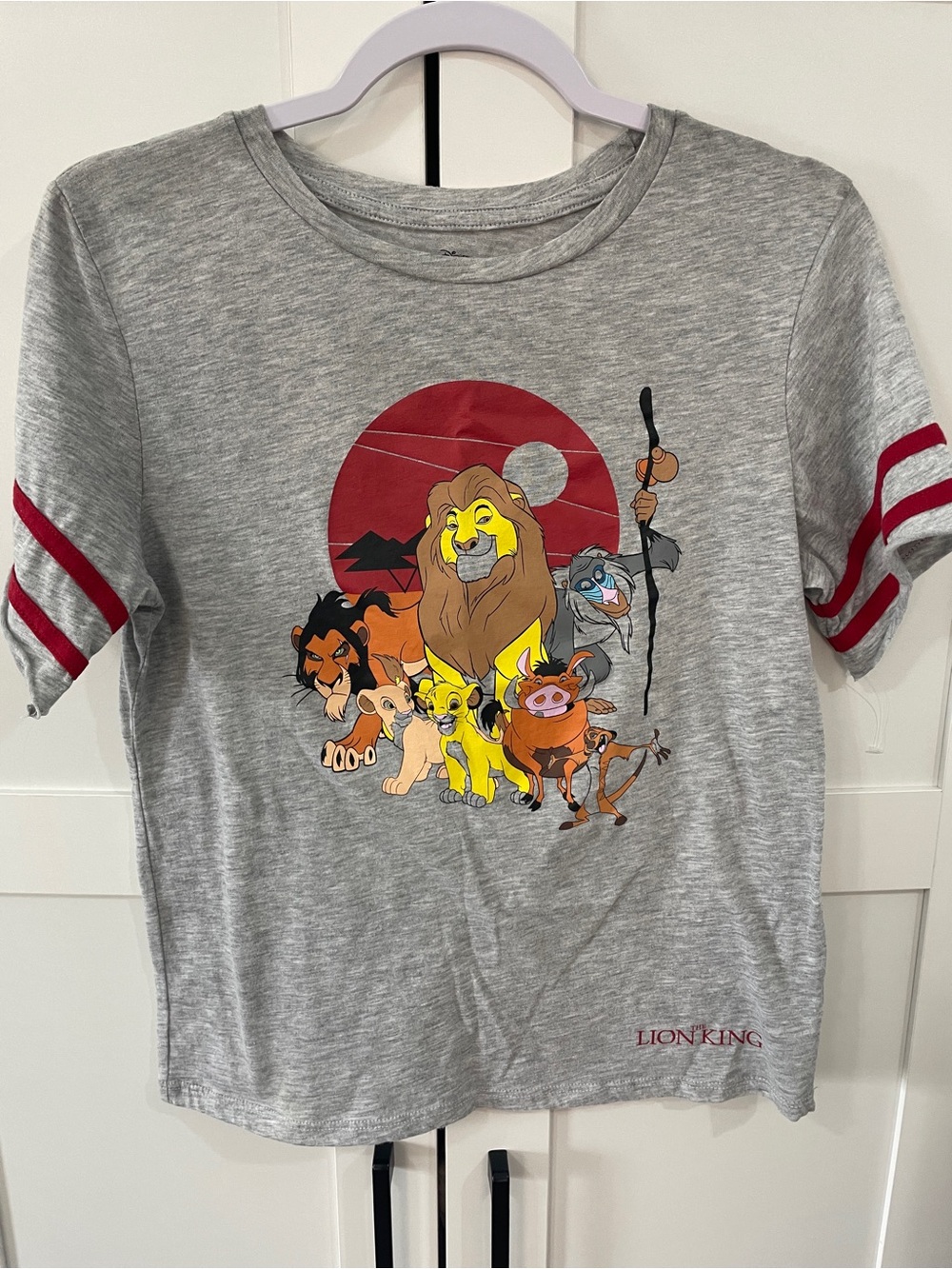 Disney Women’s Gray Lion King Short Sleeve Tee with Red Stripe Accents Sz M